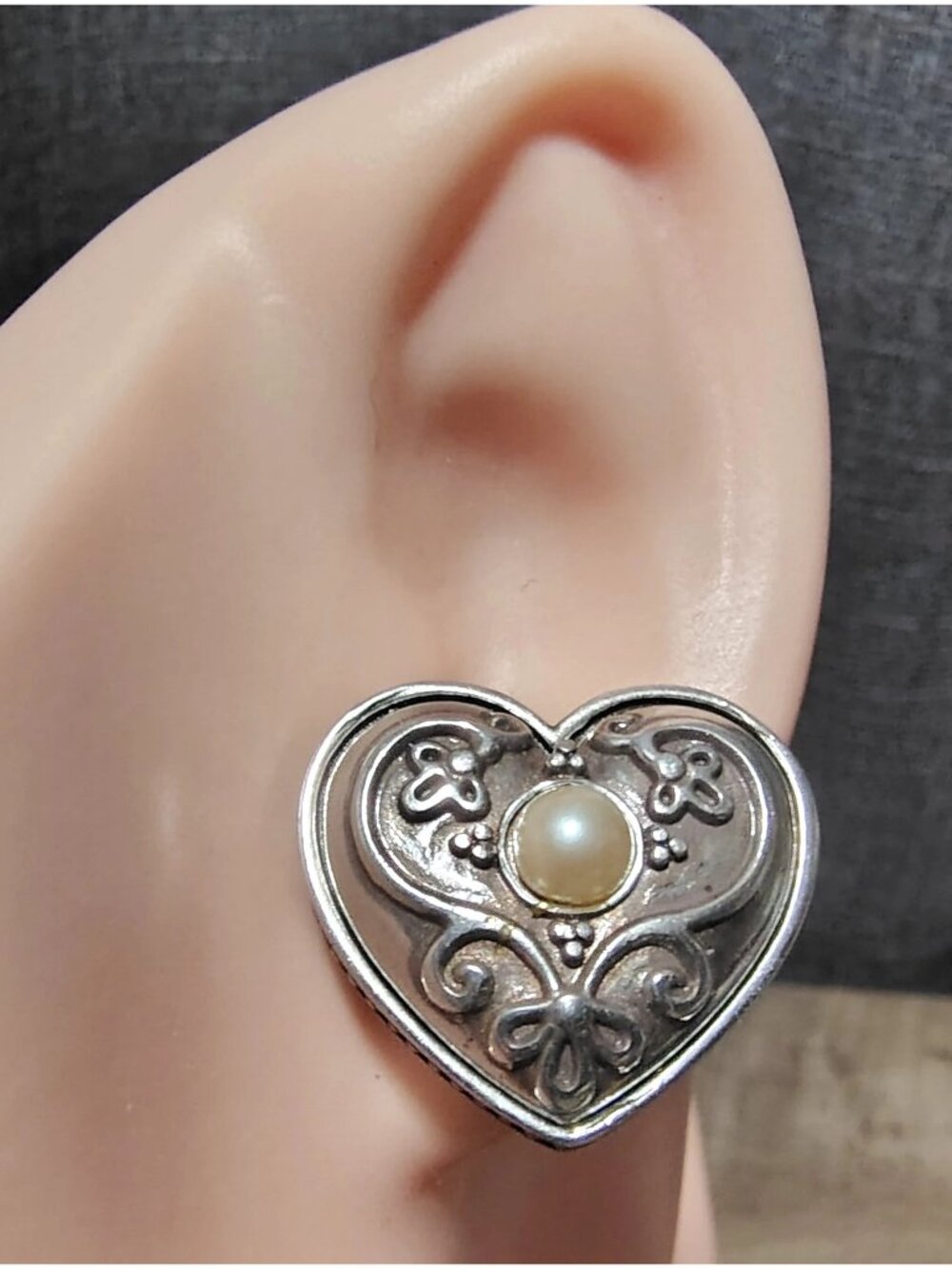 Vtg Brighton Silver Plated Faux Pearl Ornate Heart Earrings Scrollwork Victorian